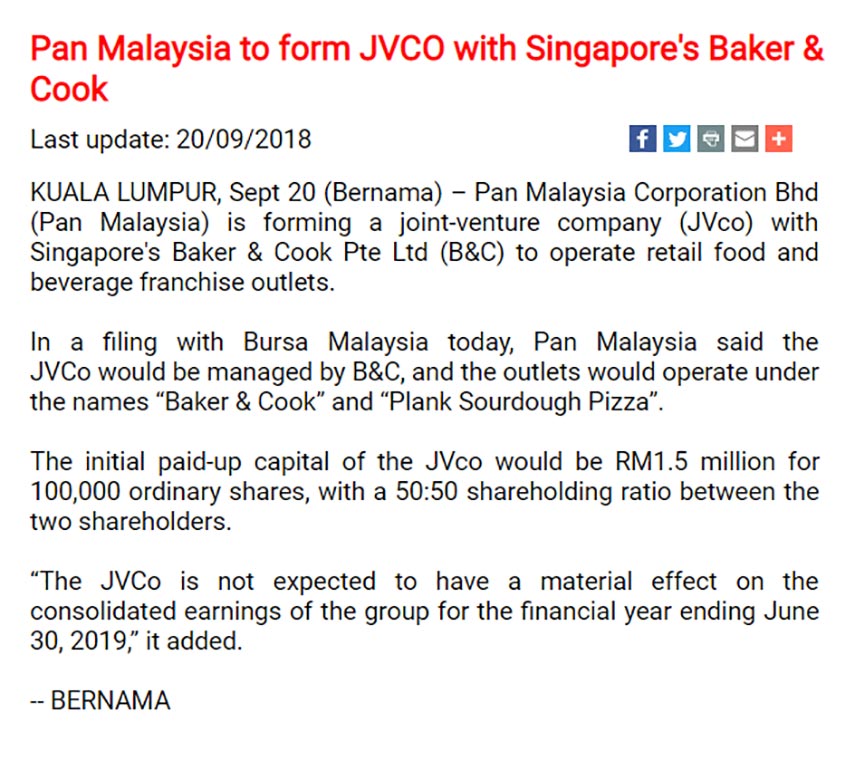 Pan Malaysia to form JVCO with Singapore's Baker & Cook - THE MUI GROUP